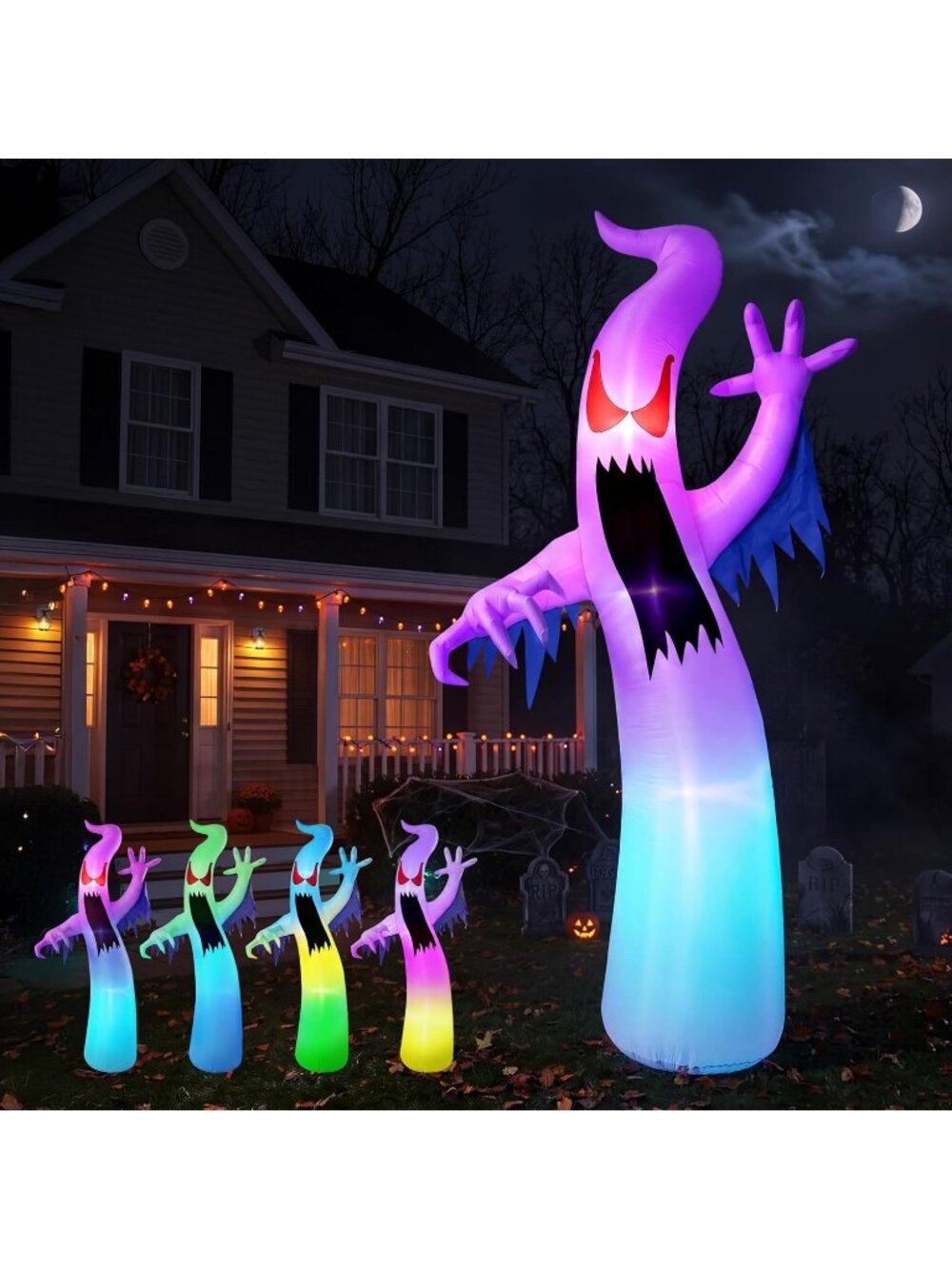 12 FT Halloween Inflatables Outdoor Decorations Colorful Ghost Blow Ups with LED